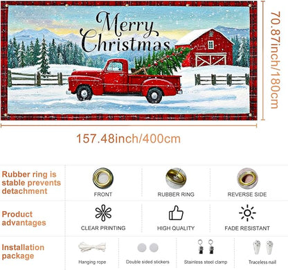IVN Merry Christmas Garage Door Banner 13x6ft Festive Red Truck with Barn and Snowfield Photo Prop Background for Joyful Holiday Yard Door Cover Background Banner Outdoor Winter Scene