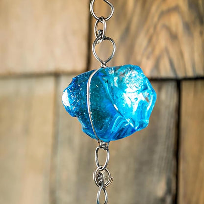 Evergreen 6 Feet Long Blue Glass and Metal Rain Chains for Gutters | Rain Catcher Chain Replacement Downspout | Decorative Rain Chains for Outside Garden Balcony Porch