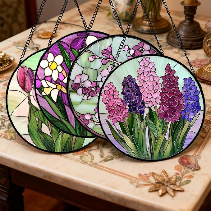 Stained Glass Window Hanging 4 Pcs Set Tulips Plum Flower Daffodils Hyacinths 6.3" - Suncatcher Door Garden Sun Catcher Decor Birthday Mother's Day for Mom Woman Nana