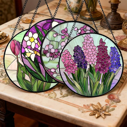 Stained Glass Window Hanging 4 Pcs Set Tulips Plum Flower Daffodils Hyacinths Large 15" - Suncatcher Door Garden Sun Catcher Decor Birthday Mother's Day for Mom Woman Nana