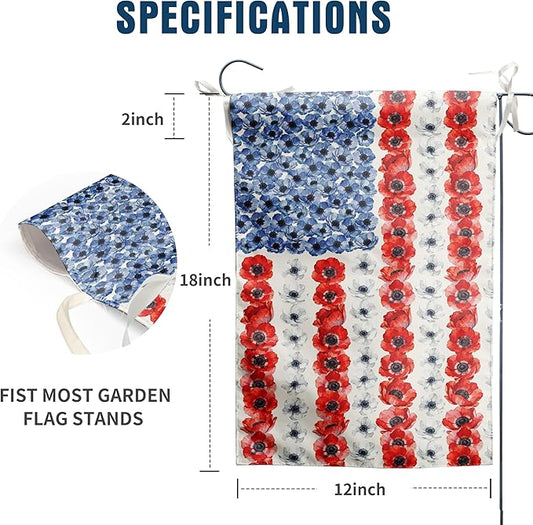 Patriotic Flower American Garden Flag Spring Summer Yard Decor 4th of July Memorial Independence Day Decorations Red White Blue Poppy Banner for Outside 28x40 Double Sided