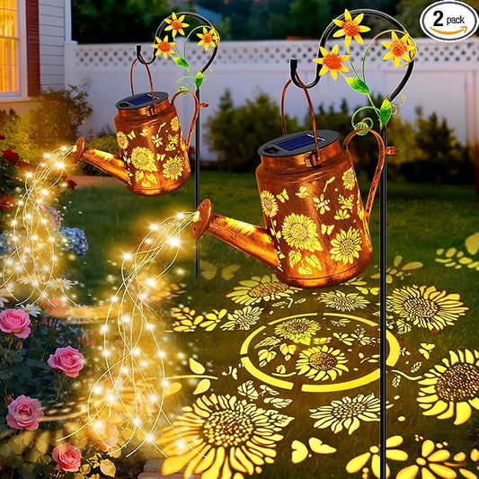 Solar Watering Can with Lights, Birthday Gifts for Christmas Mom Women, 2 Pack Waterproof Outdoor Garden Decor Sunflower Solar Garden Lights for Outdoor Pathway Yard Lawn Patio Party Decorations