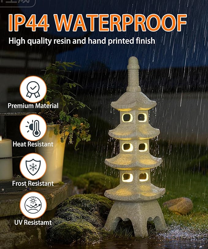 Nacome Solar Pagoda Garden Statues: 25.6 inches Multi-Layer Outdoor Waterproof Resin Zen Decor for Landscape Balcony Patio Porch Yard Ornament(Gray)
