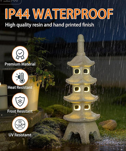 Nacome Solar Pagoda Garden Statues: 25.6 inches Multi-Layer Outdoor Waterproof Resin Zen Decor for Landscape Balcony Patio Porch Yard Ornament(Gray)