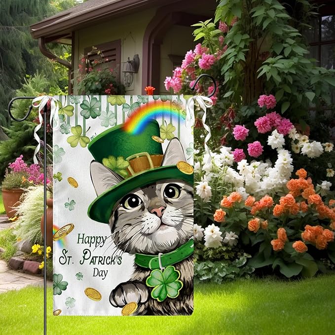 Happy St Patrick's Day Garden Flag Cat with Green Hat Shamrock Yard Flag Shamrock Clover Rainbow Burlap Garden Flags for Irish Spring Farmhouse Patrick Holiday Outdoor Double Sided 12x18 Inch