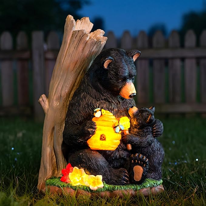 Candieslife Solar Bear Garden Statue with Glowing Beehive & Cub - Outdoor LED Figurine Decor for Patio, Lawn, Yard Art - Unique Mother's Day Housewarming Gift for Women, Mom, Grandma