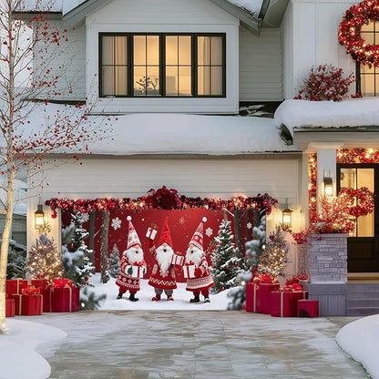 IVN Christmas Garage Door Cover Decoration 13x6ft Three Santas Gnome Red Gift Tree Snowy Trees Merry Christmas Garage Door Banner Home Door Front Yard Decor for Xmas Eve Holiday Outdoor