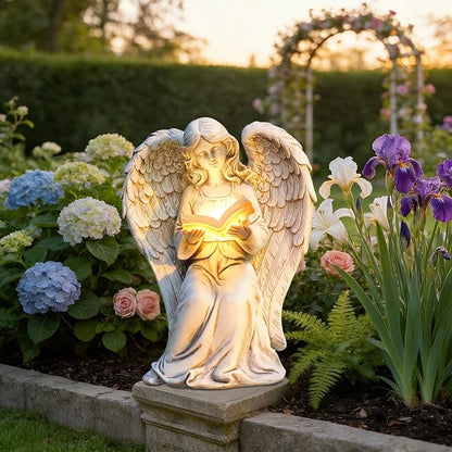 Angel Statue Outdoor Decor, Elegant Angel Garden Statues Reading Book with Solar LED Lights Yard Decorations Lawn Ornaments Figurines Resin Sculpture for Outside, Angel Gardening Gifts