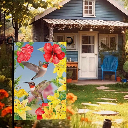 Hummingbird Garden Flags Red Flower Hibiscus and Yellow Lilies Yard Flag Wedding Anniversary Polyester Floral House Banners Double Sided for Spring Summer Party Outdoor Decor 12 x 18 Inch