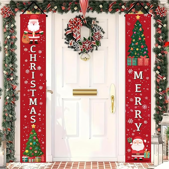 BlissYard Christmas Porch Banner 12x71 Cartoon Santa Tree Decorations Christma Door Banner Hanging Sign Merry Christmas Banner Front Xmas Door Cover Entryway Outdoor Decor Winter Welcome Home Yard Patio