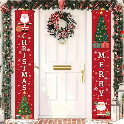 BlissYard Christmas Porch Banner 12x71 Cartoon Santa Tree Decorations Christma Door Banner Hanging Sign Merry Christmas Banner Front Xmas Door Cover Entryway Outdoor Decor Winter Welcome Home Yard Patio