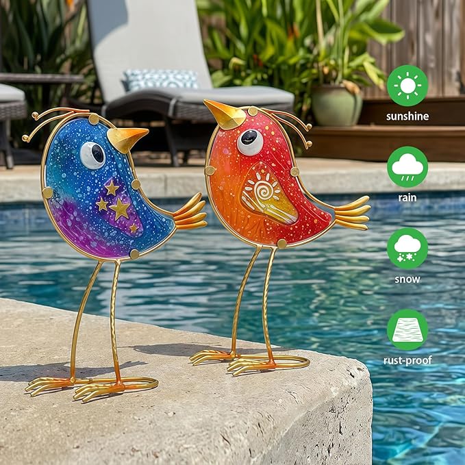 HONGLAND Garden Decor for Outside, Funny Metal & Glass Bird Decor Indoor Outdoor Set of 2, Yard Art Decorations with Housewarming Gift Idea, Colorful Garden Statues
