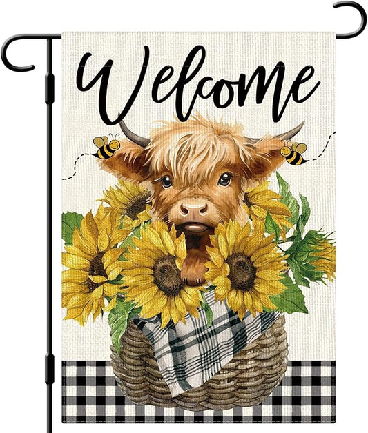 DLZDN Welcome Summer Garden Flag Sunflower Highland Cow Garden Flag 12×18 Inch Double Sided Buffalo Plaid Farmhouse Yard Flag Spring Summer Seasonal Outdoor Decor