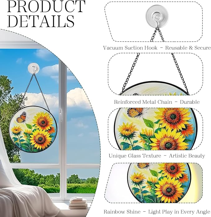 Sunflower Sun Catcher Stained Glass Window Hanging, 7.8" Suncatcher Glass Panel Window Decoration, Nature Lover Gift for Women, Wall Garden Art Decor, Gift for Birthday Christmas & Holidays