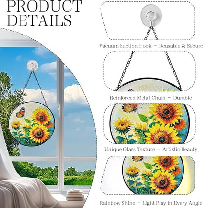 Sunflower Sun Catcher Stained Glass Window Hanging, 7.8" Suncatcher Glass Panel Window Decoration, Nature Lover Gift for Women, Wall Garden Art Decor, Gift for Birthday Christmas & Holidays