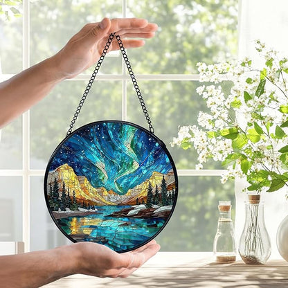 Nature Mountain Aurora Borealis Suncatchers Stained Glass Window Hanging, Northern Lights Sun Catchers Indoor Window Glass Round Wall Decor, Nature Wall Hanging Decorations, 7.9x7.9in