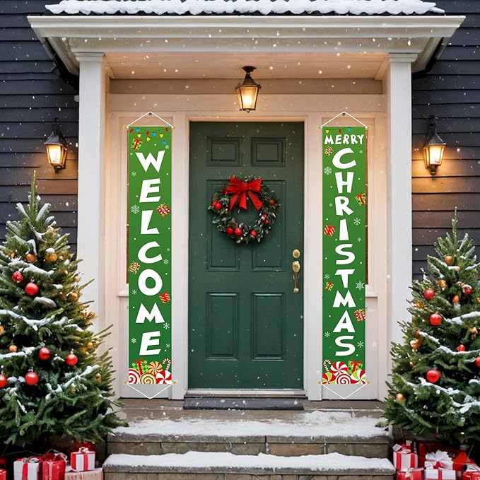 Ivenf Outdoor Christmas Decorations Yard: Cute Green White Front Porch Sign Banner, Welcome Merry Christmas Candy Decorations for Home, Indoor Outdoor Xmas Wall Front Door Yard Garage Décor