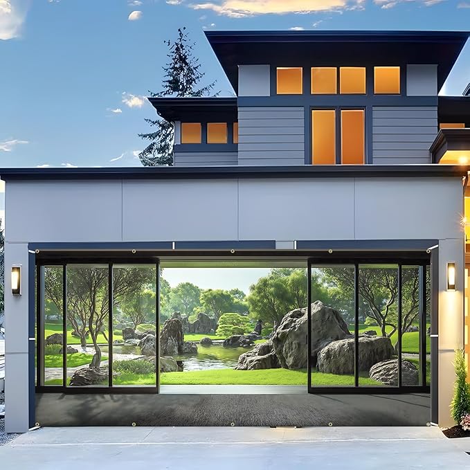 Garage door banner cover, 6x13 ft Spring Japanese Garden Backdrop, Courtyard Background Decoration Photo Banner (Japanese Garden)