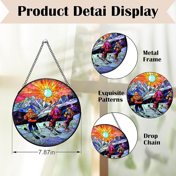 Winter Skiing Stained Glass Window Hanging Suncatchers, Ski Lover Gifts for Women Men Sun Catchers Indoor Window Glass Wall Art Decor, Winter Ski Wall Hanging Decorations Sculptures, 7.9x7.9in