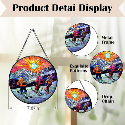 Winter Skiing Stained Glass Window Hanging Suncatchers, Ski Lover Gifts for Women Men Sun Catchers Indoor Window Glass Wall Art Decor, Winter Ski Wall Hanging Decorations Sculptures, 7.9x7.9in