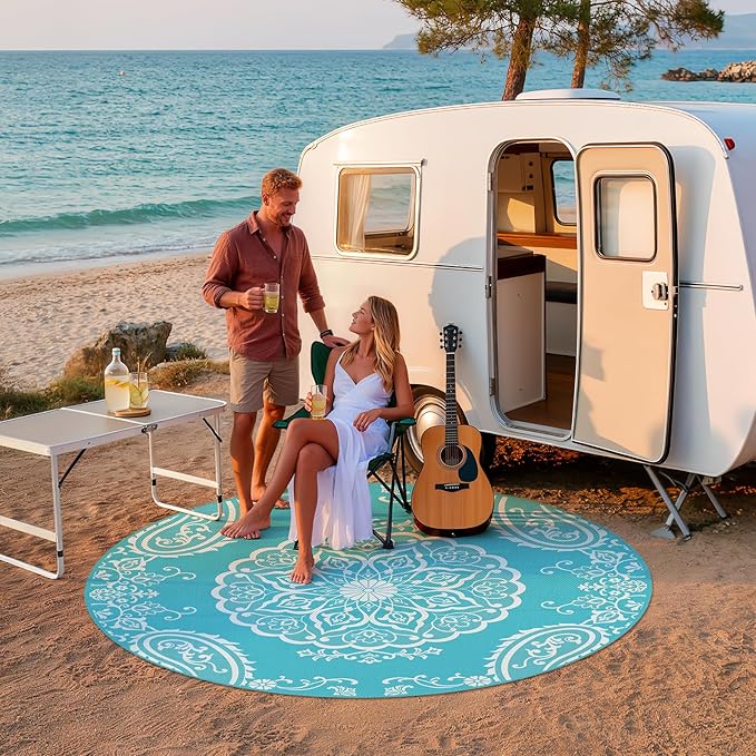 Pauwer Waterproof Outdoor Rug 8ft, Reversible Plastic Straw Patio Camping Rug, Indoor Outdoor RV Mat Carpet for Deck, Camper, Porch, Balcony, Backyard, Picnic, Boho Teal