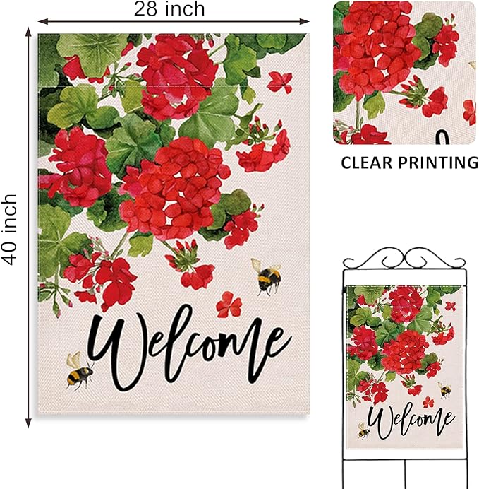 Welcome Summer Geranium Decorative House Flag, Spring Red Floral Flowers Bee Garden Yard Outside Decorations, Farmhouse Outdoor Large Home Decor Double Sided 28 x 40