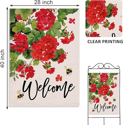 Welcome Summer Geranium Decorative House Flag, Spring Red Floral Flowers Bee Garden Yard Outside Decorations, Farmhouse Outdoor Large Home Decor Double Sided 28 x 40