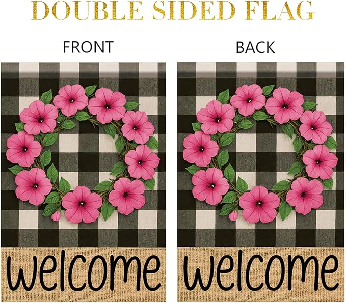 Buffalo Plaid Welcome Wreath Garden Flag Pink Petunia Flower Flag 12×18 Inch Double Sided Spring Outdoor Decor Welcome for Porch Patio Lawn Yard Farmhouse Seasonal Outside