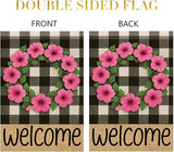 Buffalo Plaid Welcome Wreath Garden Flag Pink Petunia Flower Flag 12×18 Inch Double Sided Spring Outdoor Decor Welcome for Porch Patio Lawn Yard Farmhouse Seasonal Outside
