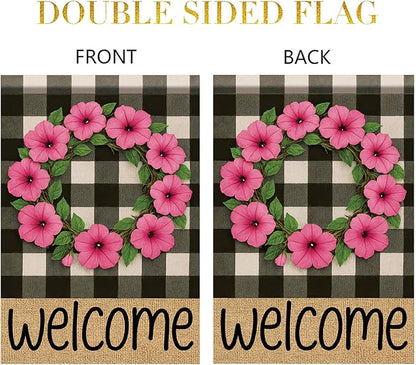 Buffalo Plaid Welcome Wreath Garden Flag Pink Petunia Flower Flag 12×18 Inch Double Sided Spring Outdoor Decor Welcome for Porch Patio Lawn Yard Farmhouse Seasonal Outside