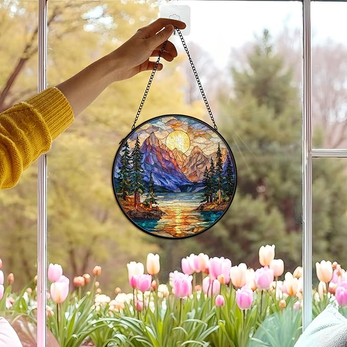 Mountain Forest Sunrise Suncatcher Stained Glass Window Hanging Decor, Camping Nature Landscape Stained Glass Wall Decor, Mountain Garden Sun Catchers Indoor Window Hanging Wall Art, 7.9x7.9In