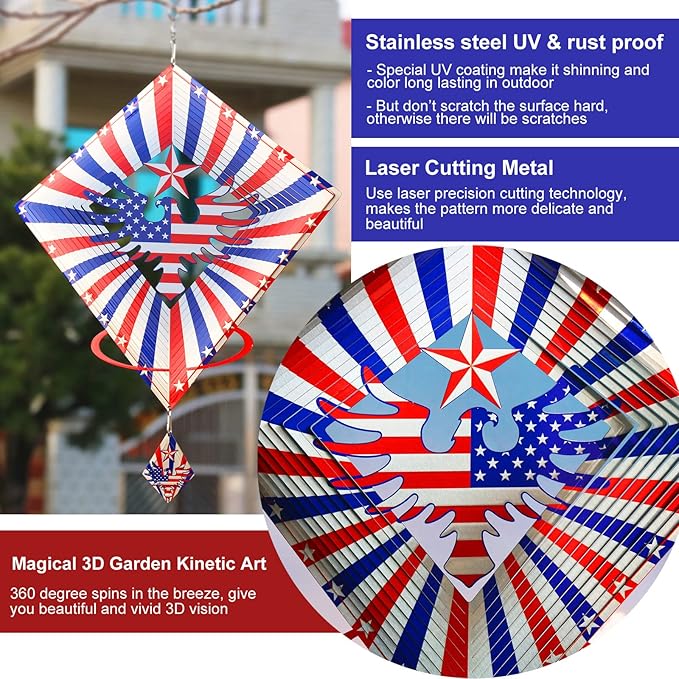 American Eagle Flag Metal Wind Spinners Outdoor, Stainless Steel Wind Sculptures Spinner Hanging Garden Decoration, United States Flag Craft Spinner Patio Decor Yard Ornaments Art Gift