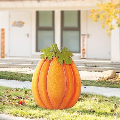 Glitzhome 37.75" H Fall Metal Embossed Pumpkin Yard Stake,Pumpkins Garden Standing Stakes or Hanging Pumpkin Signs for Autumn Harvest Thanksgiving Halloween Lawn Decorations(Three Functions)