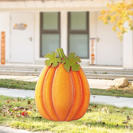 Glitzhome 37.75" H Fall Metal Embossed Pumpkin Yard Stake,Pumpkins Garden Standing Stakes or Hanging Pumpkin Signs for Autumn Harvest Thanksgiving Halloween Lawn Decorations(Three Functions)