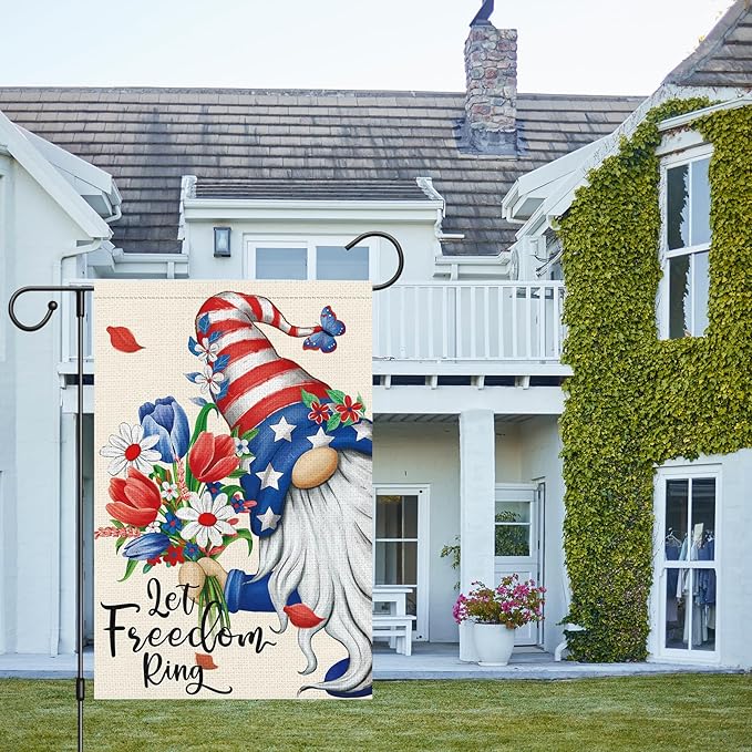 Let Freedom Ring Garden Flag 12x18 Inch Double Sided Burlap, 4th of July Gnome Garden Flags Patriotic Memorial Day Flower Yard Flag for Independence Day Outdoor Decor (ONLY FLAG)