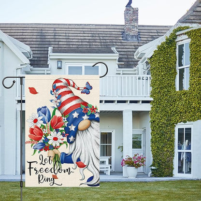Let Freedom Ring Garden Flag 12x18 Inch Double Sided Burlap, 4th of July Gnome Garden Flags Patriotic Memorial Day Flower Yard Flag for Independence Day Outdoor Decor (ONLY FLAG)