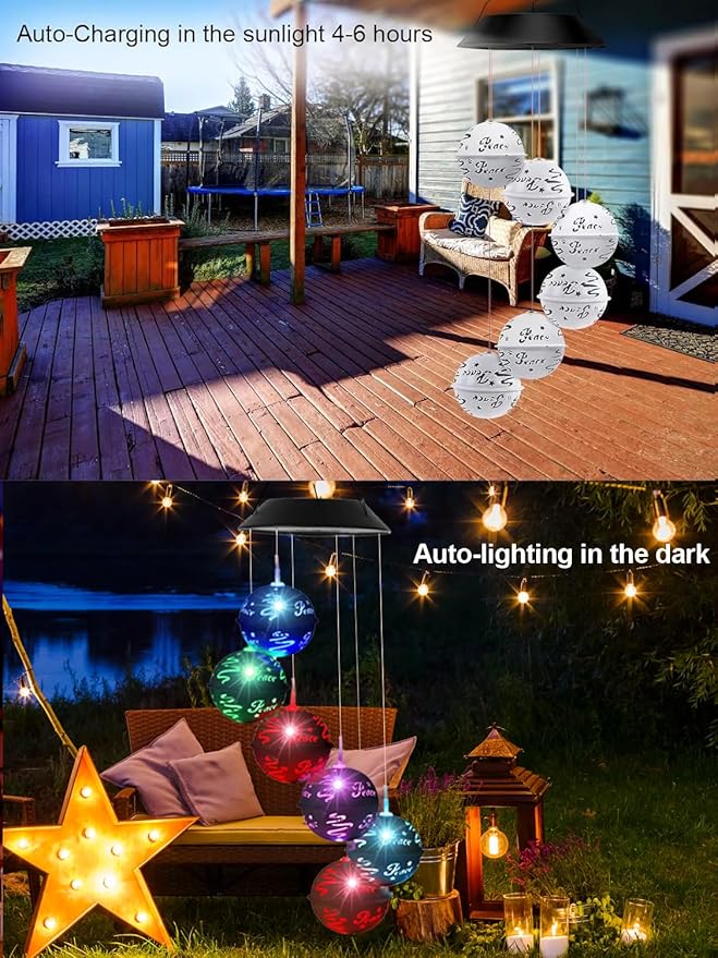 Christmas Solar Wind Chimes for Outside, Color Changing Ball Christmas Decorations Wind Chimes Outdoor Solar Hanging Lights for Garden Yard Patio Party, New Year Birthday Gifts for Mom Women Grandma
