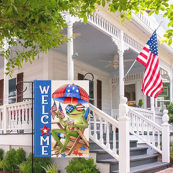 Artofy Welcome 4th of July Frog Small Decorative Garden Flag, Patriotic Beach Chair Sunshade America Yard Lawn Outside Decor, Coastal American USA Burlap Outdoor Home Decoration Double Sided 12 x 18