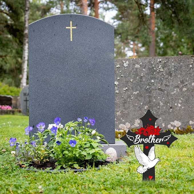 Rngmsi Cross Cemetery Decorations for Grave, Metal Sympathy Memorial Stakes for Loss of Brother Outdoors Yard Garden, Grave Markers for Cemetery for Brother (12 X 7.5 Inches)