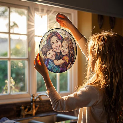 Personalized Stained Glass Window Hanging Ornament, Custom Family Photo with Mom and Kids, Unique Stained Glass Style Decoration, Birthday Present, Home Window Art Keepsake