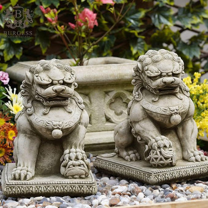 Pair of Foo Dog Stone Statues | Decorative Oriental Dragon Sculpture Ornamental Lion Animal Garden Ornament Decoration
