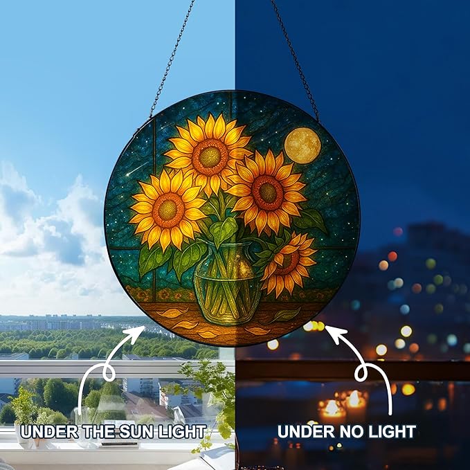 Stained Glass Window Hanging,Sunflower Sun Catchers Stained Glass Panels for Indoor Windows Wall Art Decor, Memorial Gift for Mom Women Wife Men Lovers (7.87inch)