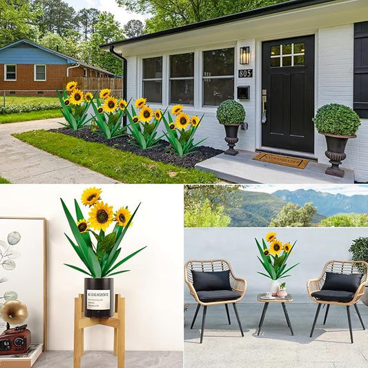 DDQ Metal Agave Plant Outdoor Decor with Artificial Flowers, Mexican Style Garden Sculpture, Waterproof Yard Art for Patio Lawn, Multiple Flower Options (Green Agave + Sunflower/Red/Yellow/Purple)