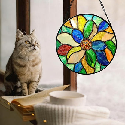 Stained Glass Window Hanging Colorful Flowers Large 11.8" - Abstract Suncatcher Door Terrace Garden Sun Catcher Home Decor Birthday Christmas for Mom Men Woman Nana Wife
