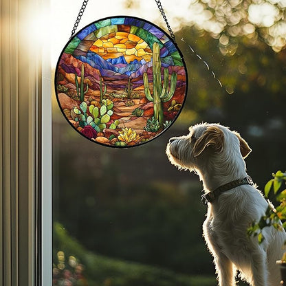 Stained Glass Window Hanging Cactus Mountains Landscape 7.8" - Suncatcher Door Garden Sunroom Sun Catcher Home Decor Birthday Christmas for Mom Men Woman Nana