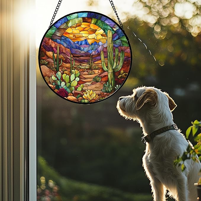 Stained Glass Window Hanging Cactus Mountains Landscape 6.3" - Suncatcher Door Garden Sunroom Sun Catcher Home Decor Birthday Christmas for Mom Men Woman Nana