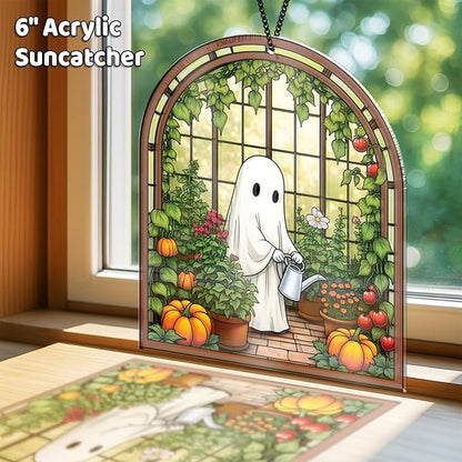 2 Cute Halloween Suncatcher Decorations, 6" Spooky Cute Ghost Plant Window Hangings, Ghost with Black Cat Greenhouse, Pumpkin Ornaments Home Garden, Gifts for Plant Lovers, Women
