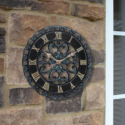 Lily's Home Hanging Verdigris Wall Clock, Ideal for Indoor or Outdoor Use, Makes a Great Housewarming Gift, Black (13.5 Inches)