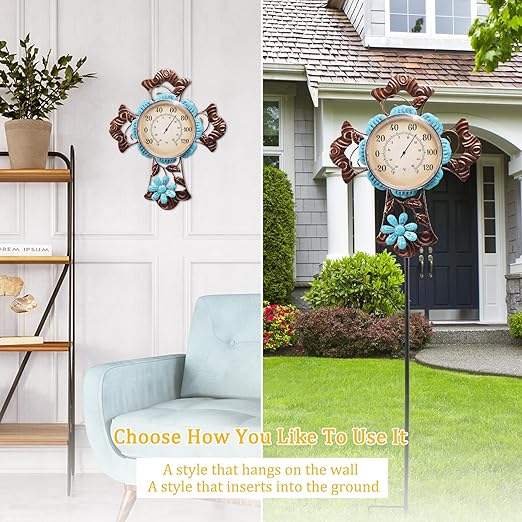 MUMTOP Outdoor Thermometers for Patio-Indoor Outdoor Wall Thermometer - Solar Led Light Cross and Flower Outside Decorative Temperature for Home or Garden Decor
