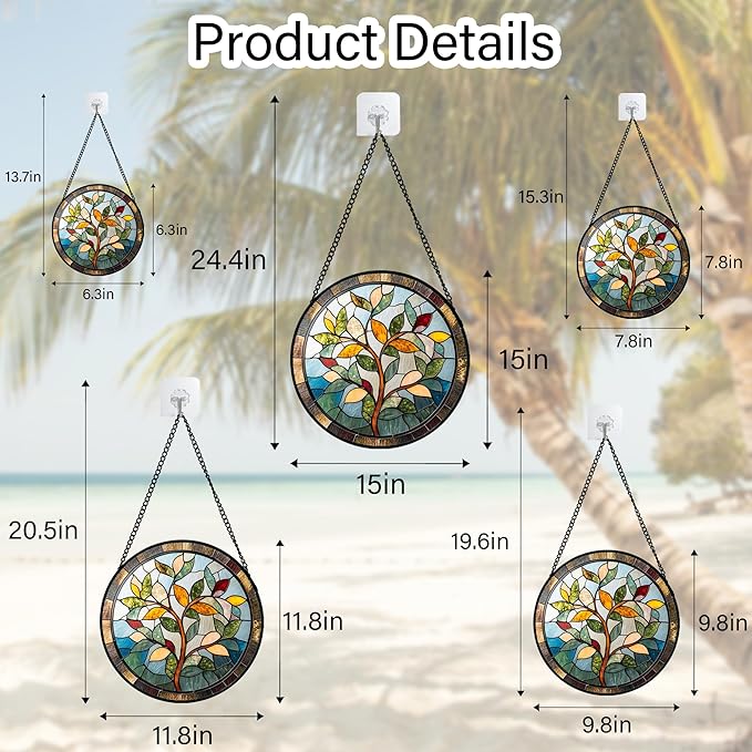 Stained Glass Window Hanging Colorful Tree of Life Large 11.8" - Plant Leaves Suncatcher Door Garden Sun Catcher Home Decor Birthday Christmas for Mom Men Woman Nana Friend